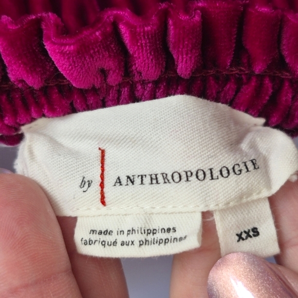 Anthropologie Raspberry Magenta Deep Pink Velvet Smocked Long Sleeve Top XXS - Picture 13 of 14